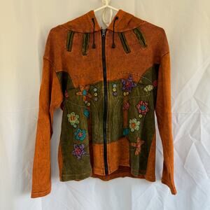 Rising International Nepal Ethnic Flower Color Block Zip Up Hoodie Sweatshirt